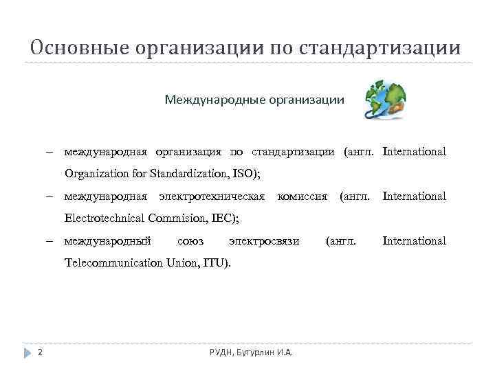 Основные организации по стандартизации Международные организации международная организация по стандартизации (англ. International Organization for