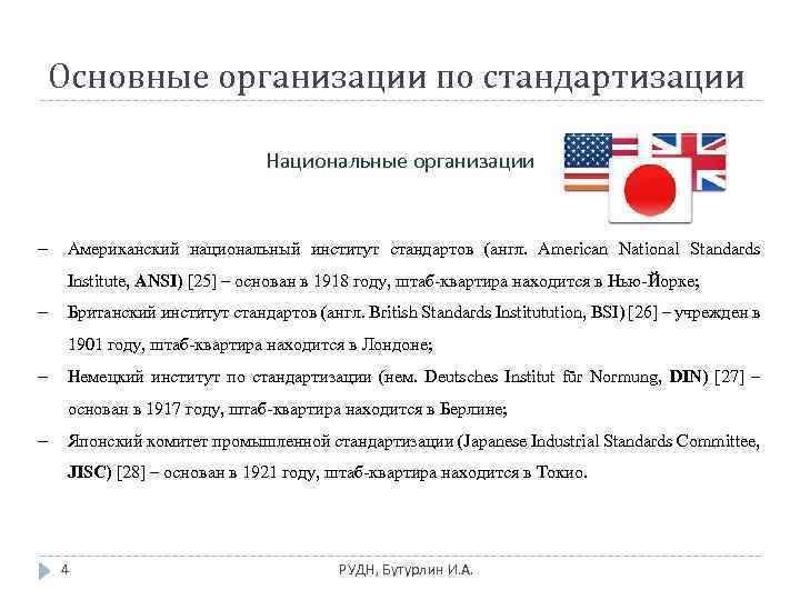 Основные организации по стандартизации Национальные организации Американский национальный институт стандартов (англ. American National Standards