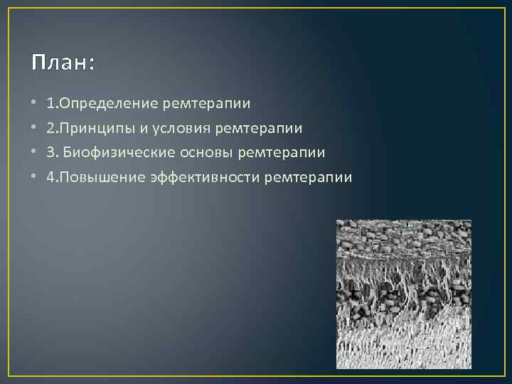 План: • • 1. Определение ремтерапии 2. Принципы и условия ремтерапии 3. Биофизические основы