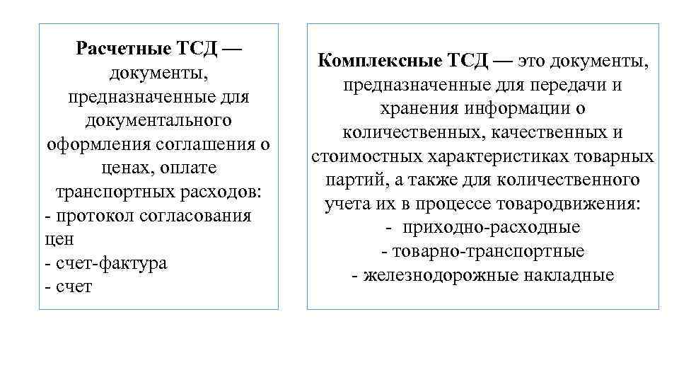 Расчетные ТСД — документы, предназначенные для документального оформления соглашения о ценах, оплате транспортных расходов: