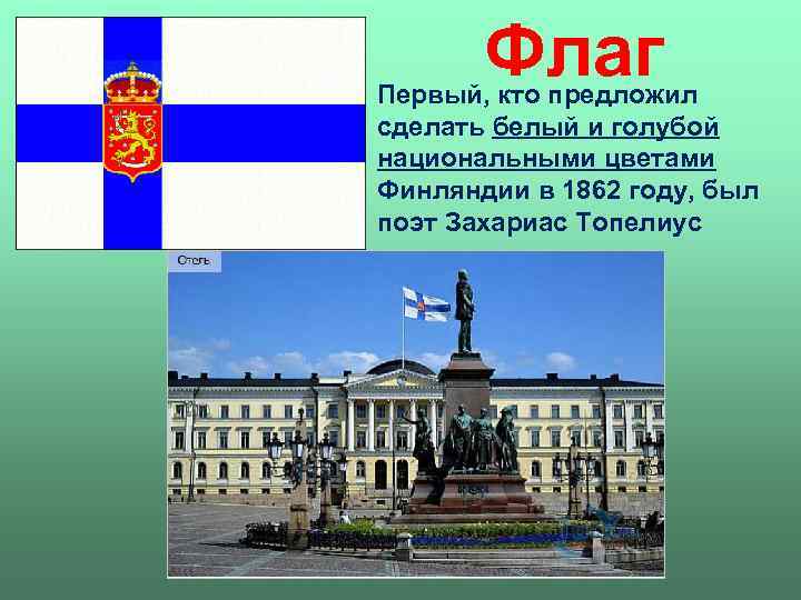 Флаг Первый, кто предложил сделать белый и голубой национальными цветами Финляндии в 1862 году,