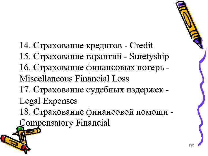 14. Страхование кредитов - Credit 15. Страхование гарантий - Suretyship 16. Страхование финансовых потерь
