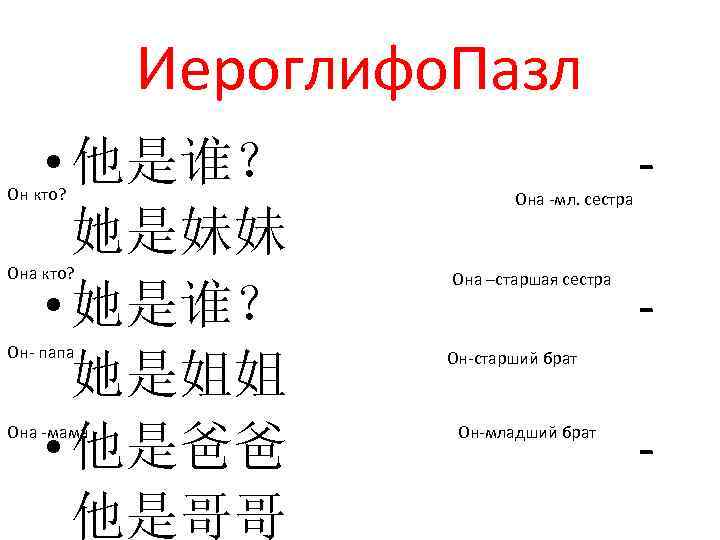 Иероглифо. Пазл • 他是谁？ 她是妹妹 • 她是谁？ 她是姐姐 • 他是爸爸 他是哥哥 Он кто? Она