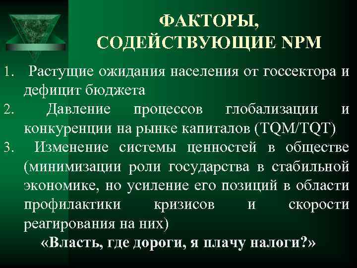 ФАКТОРЫ, СОДЕЙСТВУЮЩИЕ NPM 1. Растущие ожидания населения от госсектора и дефицит бюджета 2. Давление