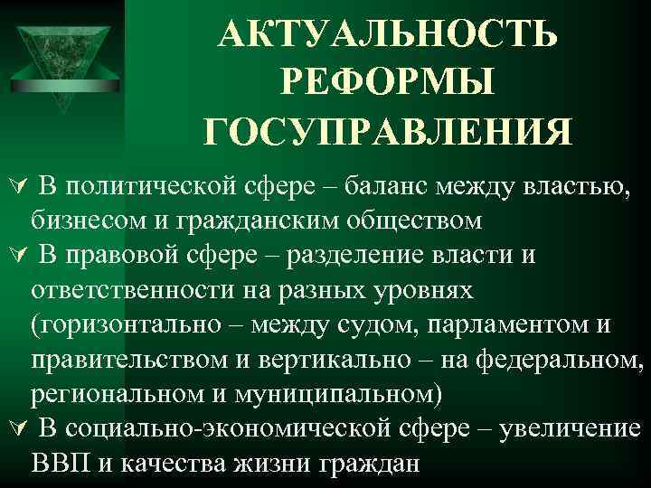 АКТУАЛЬНОСТЬ РЕФОРМЫ ГОСУПРАВЛЕНИЯ Ú В политической сфере – баланс между властью, бизнесом и гражданским