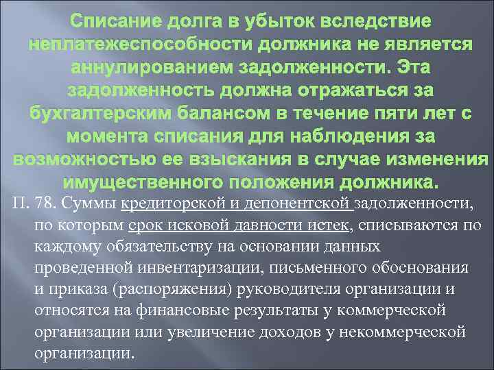 Списание долга в убыток вследствие неплатежеспособности должника не является аннулированием задолженности. Эта задолженность должна