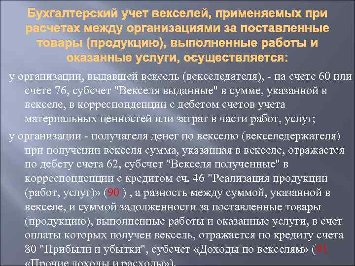 Бухгалтерский учет векселей, применяемых при расчетах между организациями за поставленные товары (продукцию), выполненные работы