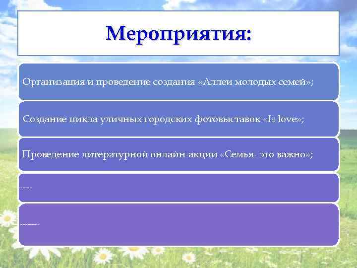 Мероприятия: Организация и проведение создания «Аллеи молодых семей» ; Создание цикла уличных городских фотовыставок