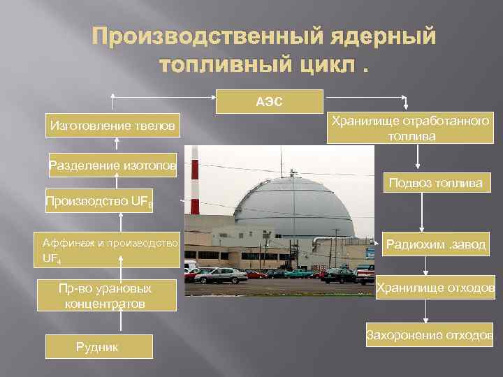 Производственный ядерный топливный цикл. АЭС Изготовление твелов Хранилище отработанного топлива Разделение изотопов Подвоз топлива