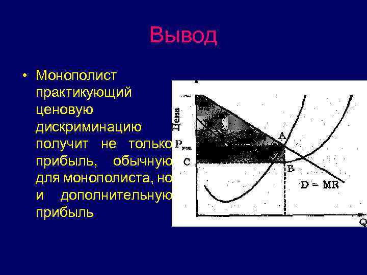 Вывод • Монополист практикующий ценовую дискриминацию получит не только прибыль, обычную для монополиста, но
