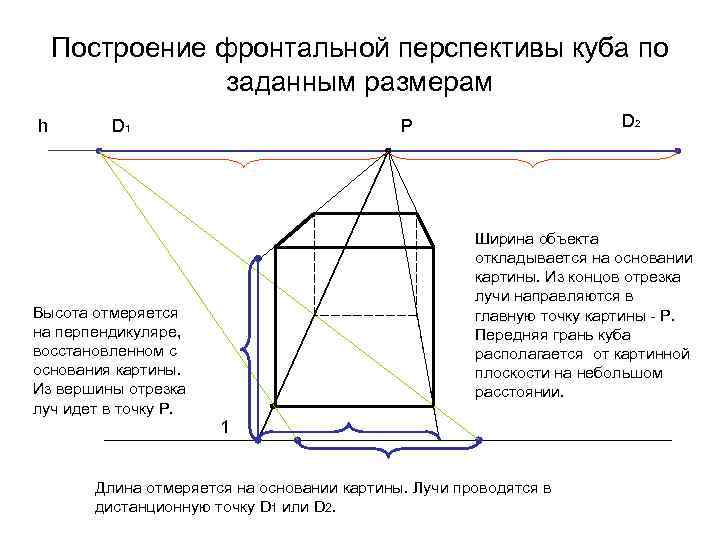 Построение фронтальной перспективы куба по заданным размерам h D 1 Высота отмеряется на перпендикуляре,