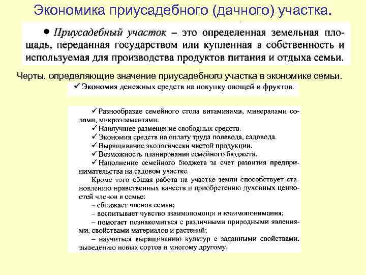 Экономика приусадебного (дачного) участка. Черты, определяющие значение приусадебного участка в экономике семьи. 