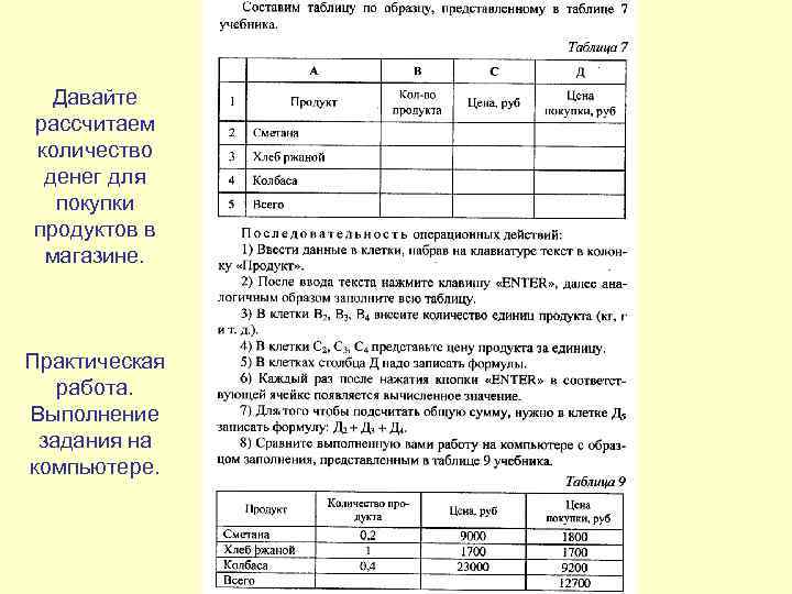 Давайте рассчитаем количество денег для покупки продуктов в магазине. Практическая работа. Выполнение задания на