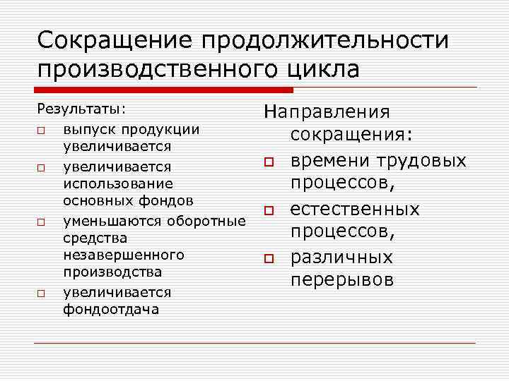 Сокращение продолжительности производственного цикла Результаты: o выпуск продукции увеличивается o увеличивается использование основных фондов