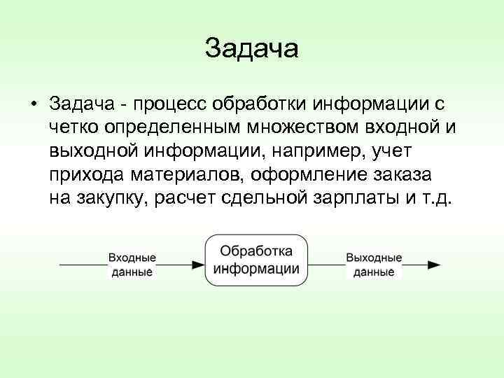 Задача • Задача - процесс обработки информации с четко определенным множеством входной и выходной