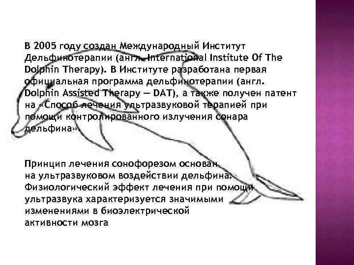 В 2005 году создан Международный Институт Дельфинотерапии (англ. International Institute Of The Dolphin Therapy).