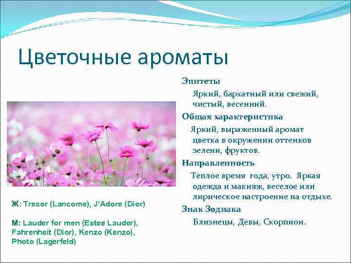 Цветочные ароматы Ж: Tresor (Lancome), J'Adore (Dior) М: Lauder for men (Estee Lauder), Fahrenheit
