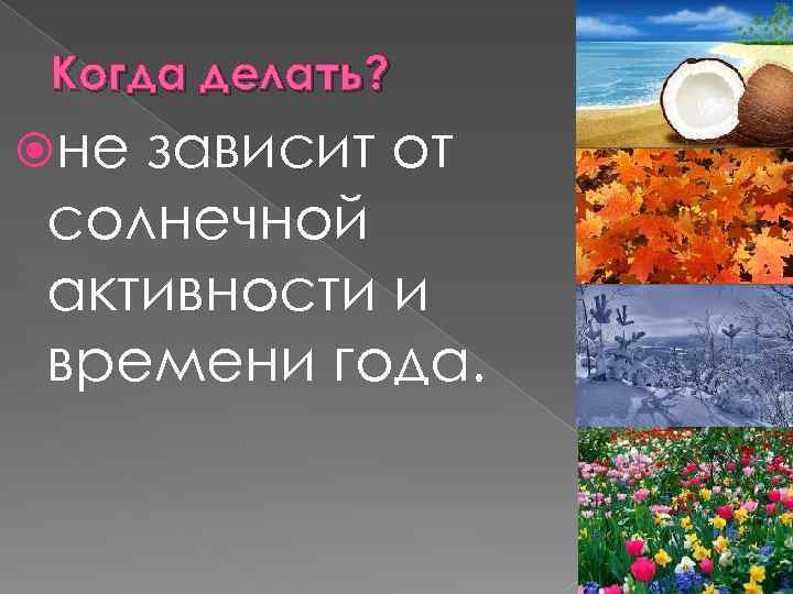 Когда делать? не зависит от солнечной активности и времени года. 