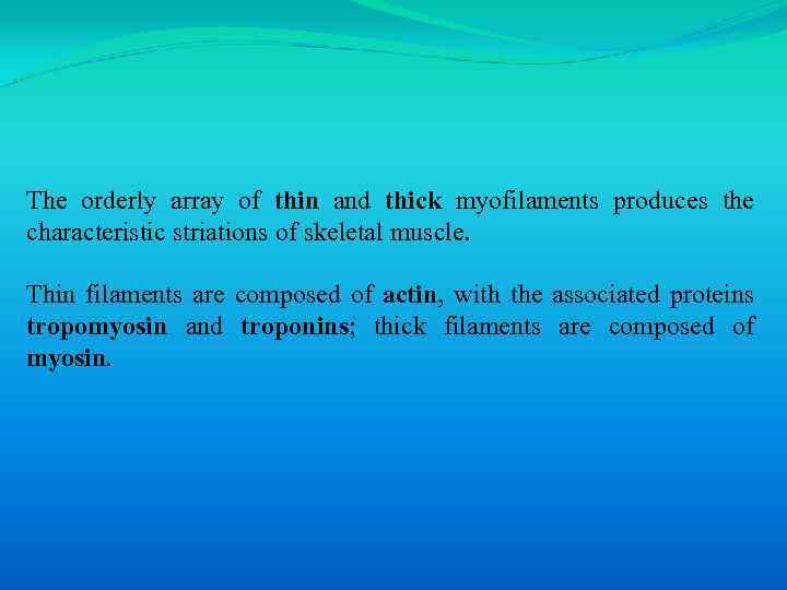 The orderly array of thin and thick myofilaments produces the characteristic striations of skeletal