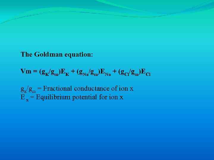 The Goldman equation: Vm = (g. K/gm)EK + (g. Na/gm)ENa + (g. Cl/gm)ECl gx/gm