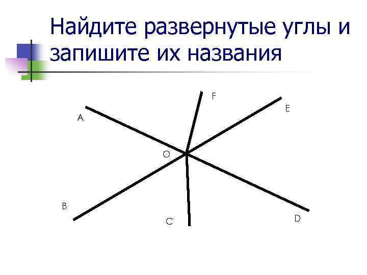 Найдите развернутые углы и запишите их названия F E A O B C D