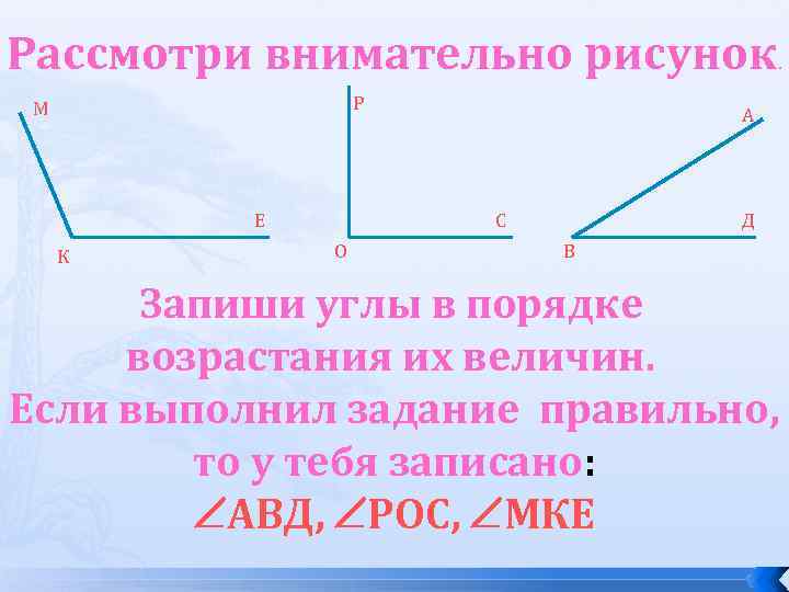 Рассмотри внимательно рисунок. Р М Е К А С О Д В Запиши углы