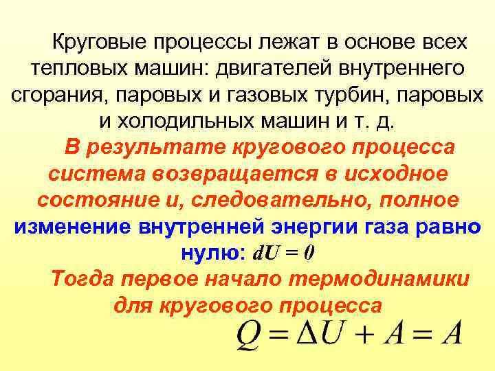 Круговые процессы лежат в основе всех тепловых машин: двигателей внутреннего сгорания, паровых и газовых