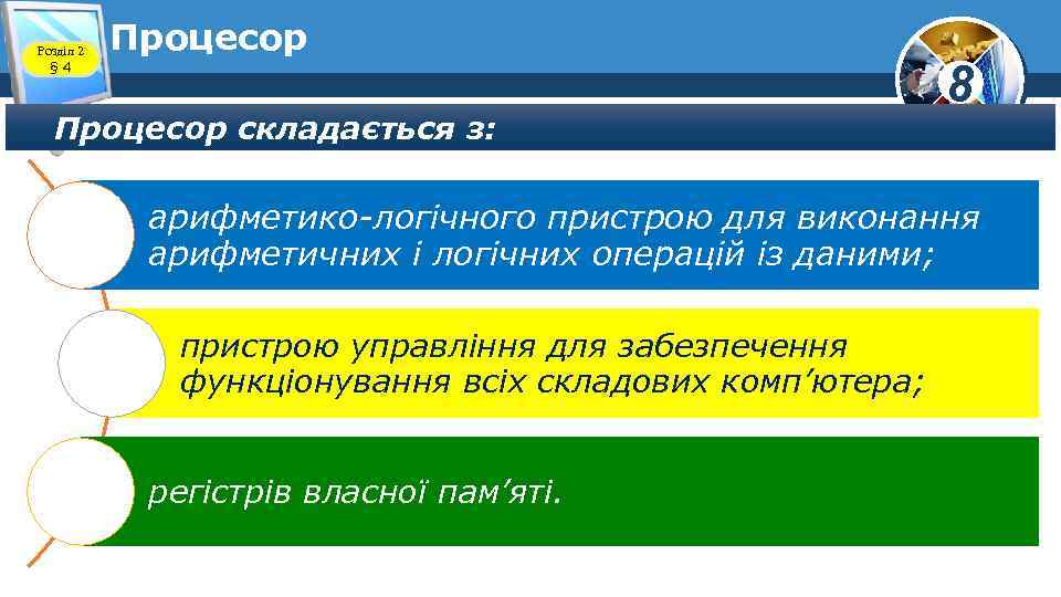 Розділ 2 § 4 Процесор складається з: 8 арифметико-логічного пристрою для виконання арифметичних і