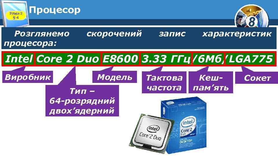 Розділ 2 § 4 Процесор Розглянемо процесора: скорочений запис 8 характеристик Intel Core 2