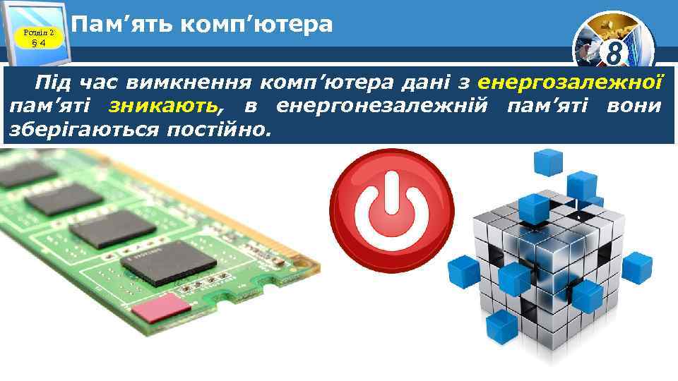 Розділ 2 § 4 Пам’ять комп’ютера 8 Під час вимкнення комп’ютера дані з енергозалежної