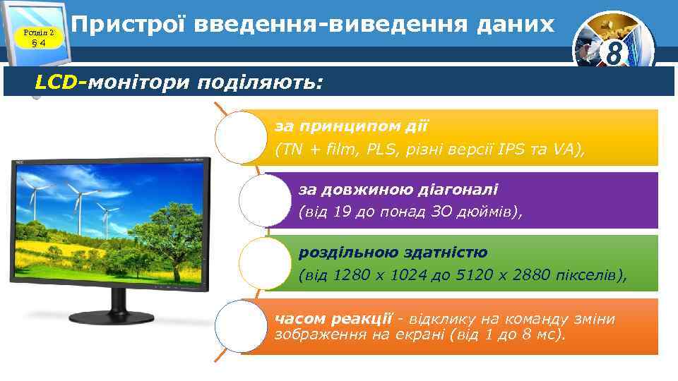 Розділ 2 § 4 Пристрої введення-виведення даних LCD-монітори поділяють: 8 за принципом дії (TN