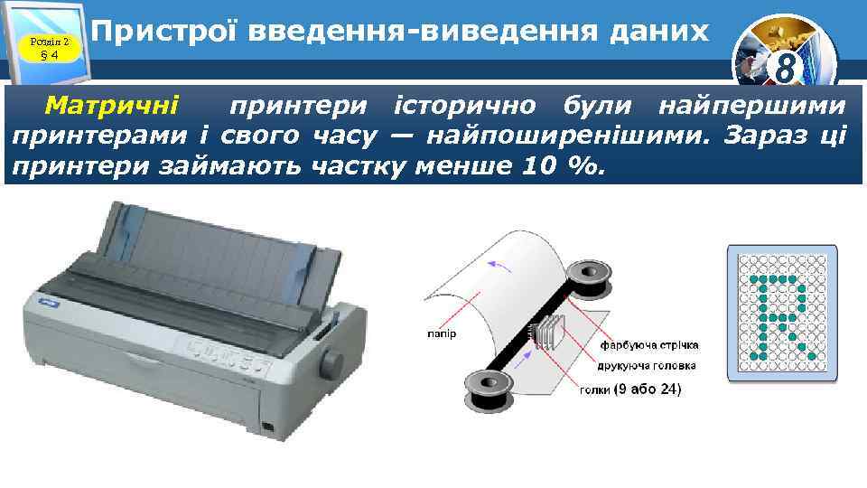 Розділ 2 § 4 Пристрої введення-виведення даних 8 Матричні принтери історично були найпершими принтерами