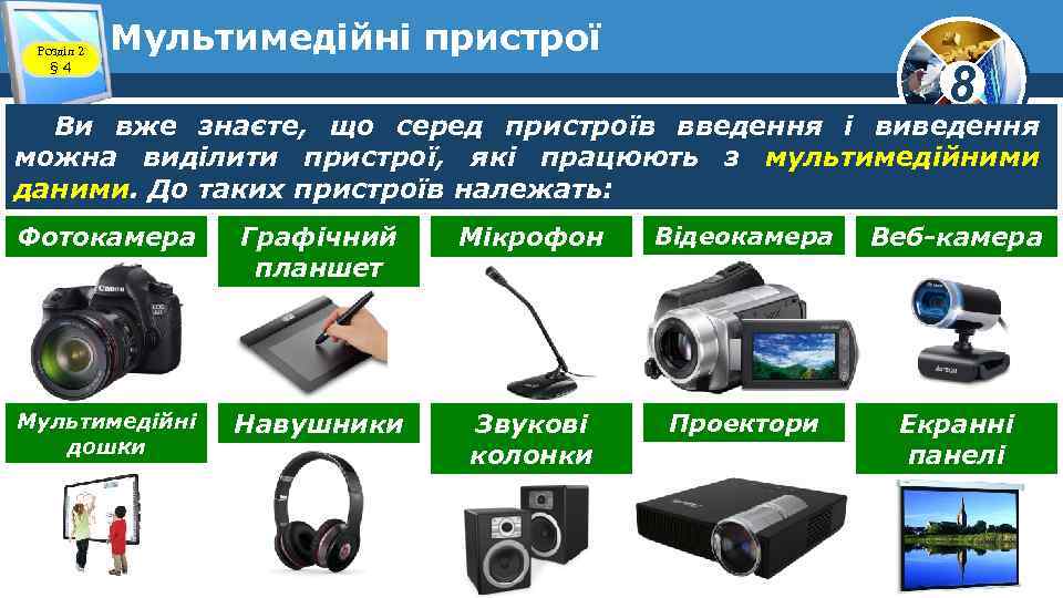 Розділ 2 § 4 Мультимедійні пристрої 8 Ви вже знаєте, що серед пристроїв введення