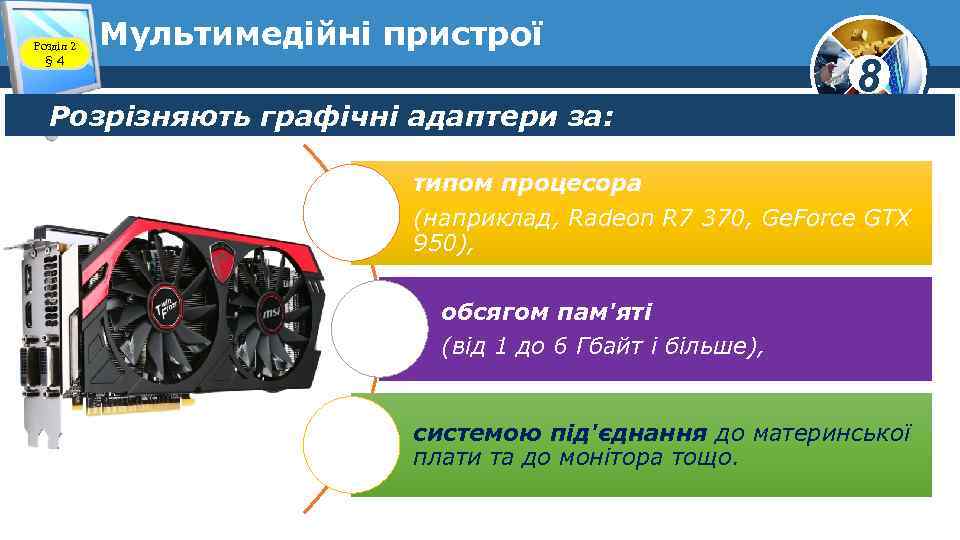 Розділ 2 § 4 Мультимедійні пристрої Розрізняють графічні адаптери за: 8 типом процесора (наприклад,