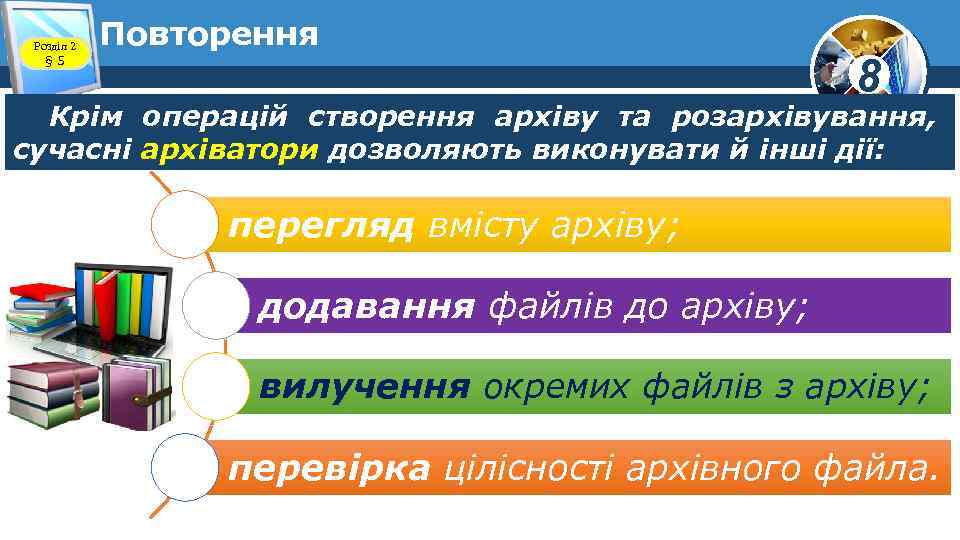 Розділ 2 § 5 Повторення 8 Крім операцій створення архіву та розархівування, сучасні архіватори