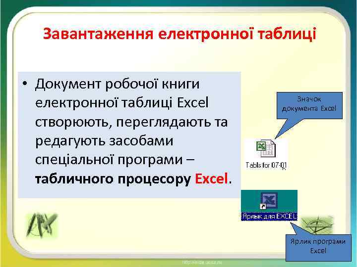 Завантаження електронної таблиці • Документ робочої книги електронної таблиці Excel створюють, переглядають та редагують