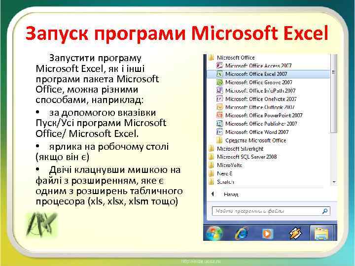 Запуск програми Microsoft Excel Запустити програму Microsoft Excel, як і інші програми пакета Microsoft