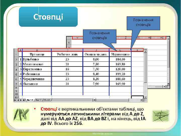 Стовпці Позначення стовпців • Стовпці є вертикальними об'єктами таблиці, що нумеруються латинськими літерами від