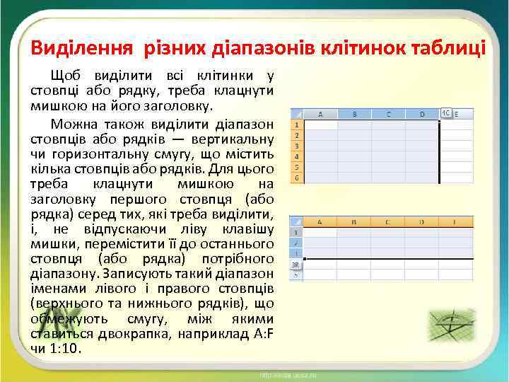 Виділення різних діапазонів клітинок таблиці Щоб виділити всі клітинки у стовпці або рядку, треба