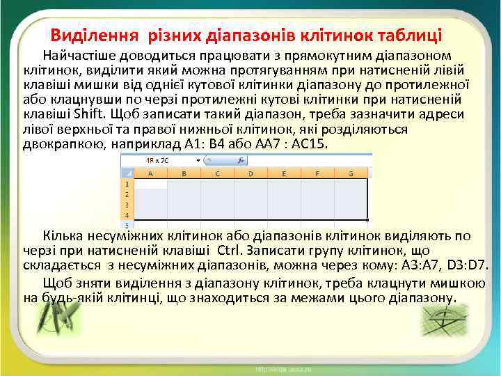 Виділення різних діапазонів клітинок таблиці Найчастіше доводиться працювати з прямокутним діапазоном клітинок, виділити який