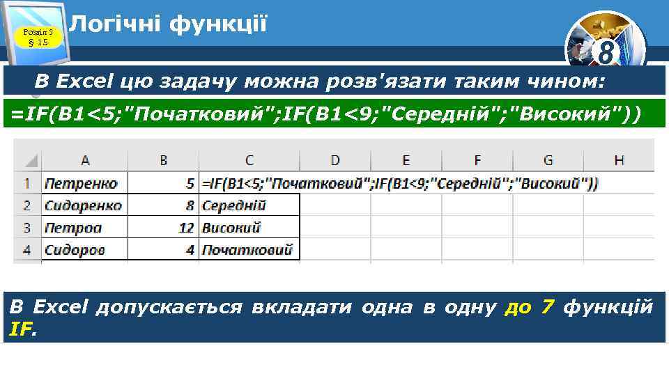 Розділ 5 § 15 Логічні функції 8 В Excel цю задачу можна розв'язати таким