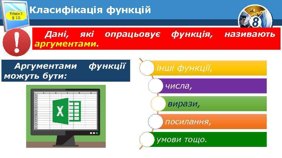 Розділ 5 § 15 Класифікація функцій Дані, які опрацьовує аргументами. Аргументами можуть бути: функції
