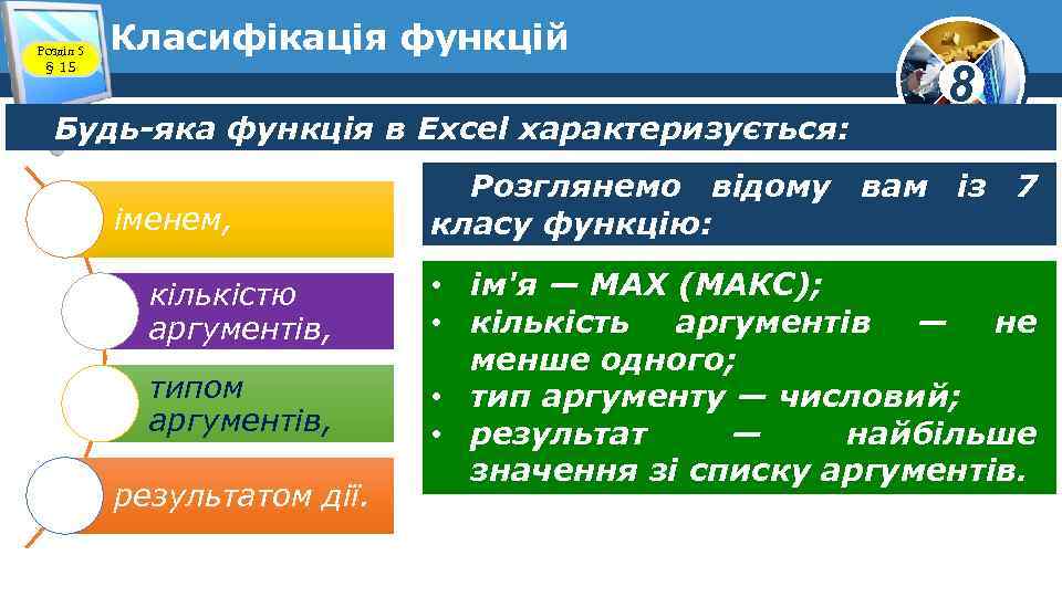 Розділ 5 § 15 Класифікація функцій Будь-яка функція в Excel характеризується: іменем, кількістю аргументів,