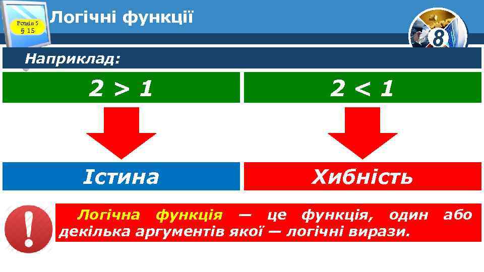 Розділ 5 § 15 Логічні функції 8 Наприклад: 2>1 2<1 Істина Хибність Логічна функція