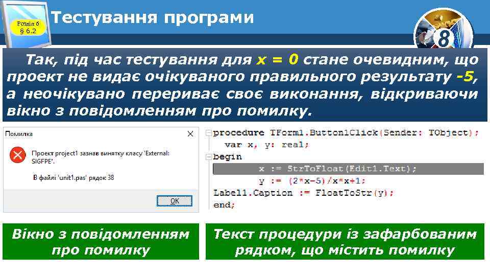 Розділ 6 § 6. 2 Тестування програми 8 Так, під час тестування для х