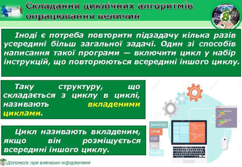 Складання циклічних алгоритмів опрацювання величин Іноді є потреба повторити підзадачу кілька разів усередині більш