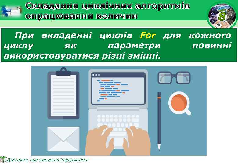 Складання циклічних алгоритмів опрацювання величин При вкладенні циклів For для кожного циклу як параметри