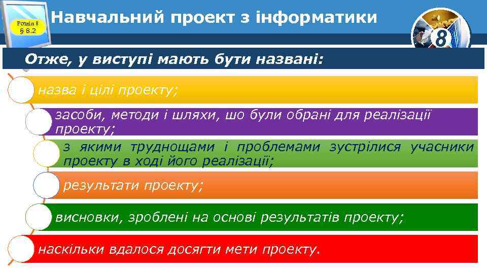 Розділ 8 § 8. 2 Навчальний проект з інформатики Отже, у виступі мають бути