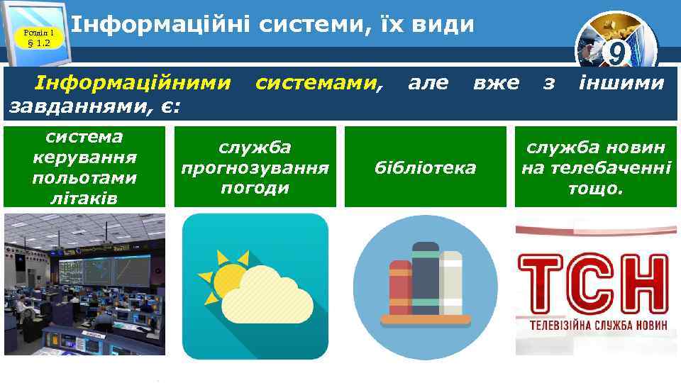 Розділ 1 § 1. 2 Інформаційні системи, їх види Інформаційними завданнями, є: система керування