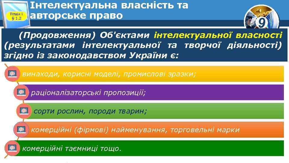 Розділ 1 § 1. 2 Інтелектуальна власність та авторське право 9 (Продовження) Об'єктами інтелектуальної